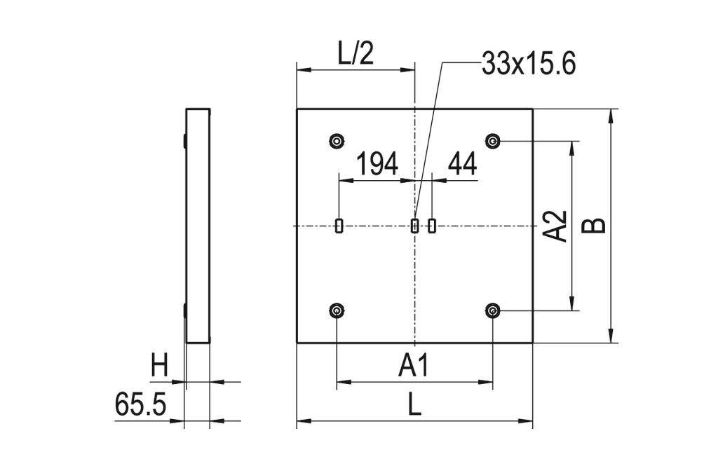 Technische tekening van een rechthoekige plaat, toont verschillende afmetingen: breedte 'L', hoogte 'H', hart-op-hart afstanden 'A1', 'A2', posities en tussenafstanden van de gaten.