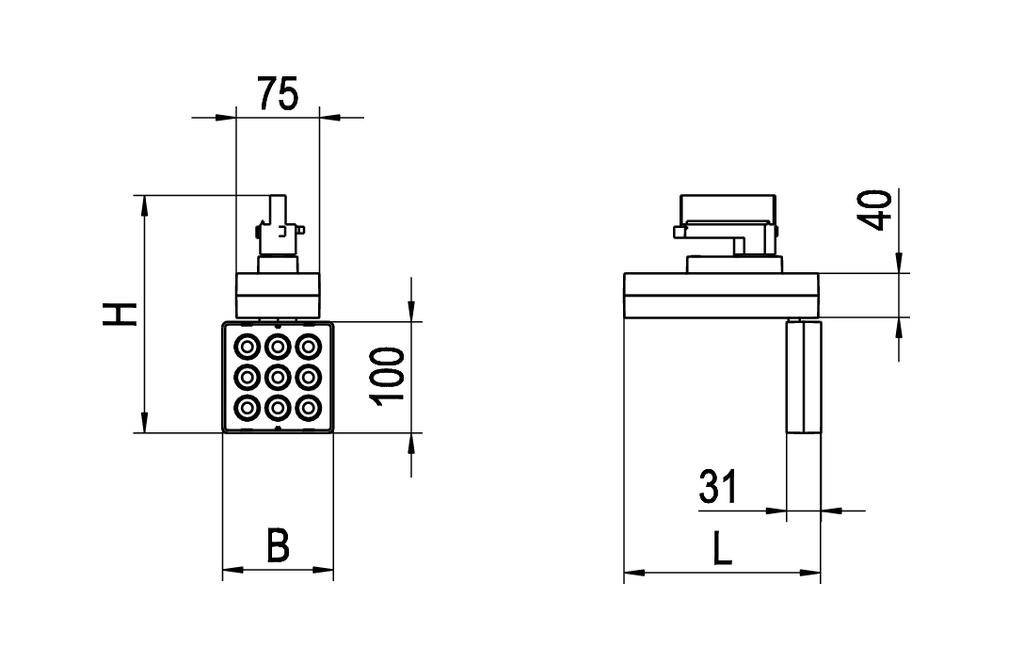 Technische tekening van een vierkante douchekop met afmetingen: hoogte, breedte, lengte en andere specifieke dimensies in millimeters.