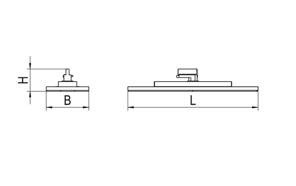 Technische tekening van een rechthoekig object met de afmetingen 'B' (breedte), 'L' (lengte) en 'H' (hoogte) in twee aanzichten.