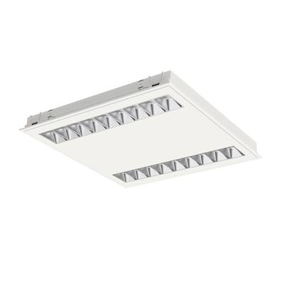 Een vierkante, witte plafondlamp met rechthoekige reflectoren. Geschikt voor montage in verlaagde plafonds.