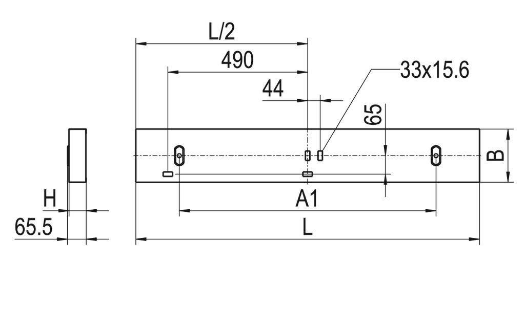 Technische tekening van een rechthoekig onderdeel met afmetingen: lengte 490 mm, breedte 33 mm, hoogte 65,5 mm; boringen gemarkeerd.