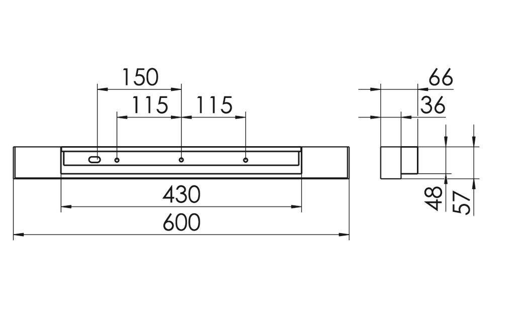 Technische tekening van een rechthoekige lamp met afmetingen: breedte 600 mm, diepte 66 mm, hoogte 57 mm; bevestigingspunten op 150 mm en 115 mm.