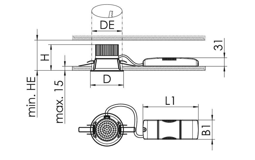 Technische tekening van een inbouwspot: toont afmetingen, inbouwdiameter DE, diepte H, en lengte L1. Geschikt voor plafondmontage.