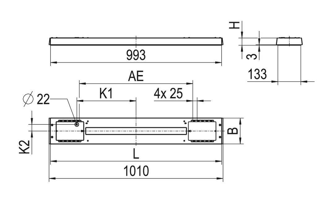 'Technische tekening van een lat met afmetingen: lengte 1010 mm, hoogte 133 mm, boorgat diameter 22 mm, en afmetingen K1 tot K2.'