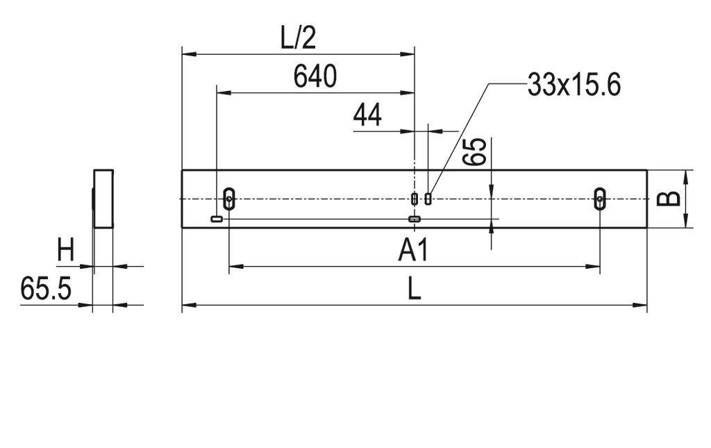 Technische tekening van een onderdeel met afmetingen: lengte L, hoogte H, breedte B en boorgaten (33x15,6). Details met betrekking tot plaatsing en afstanden.