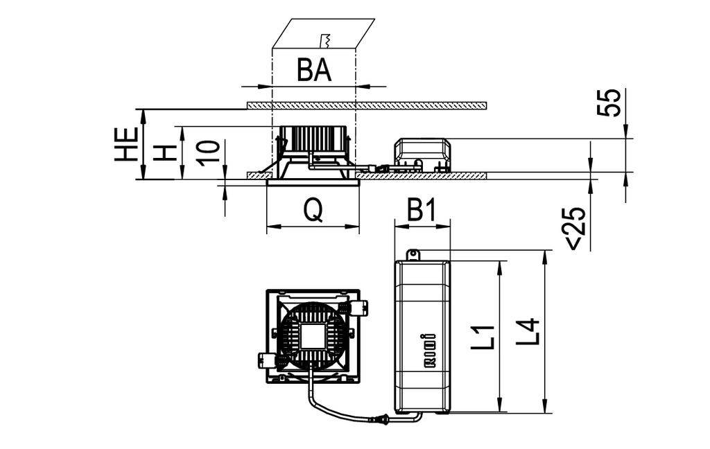 Technische tekening van een ventilatiesysteem met maten: breedte BA, hoogte HE, lengte L1, L4 en afstanden Q, B1. Toont montageaanzicht.