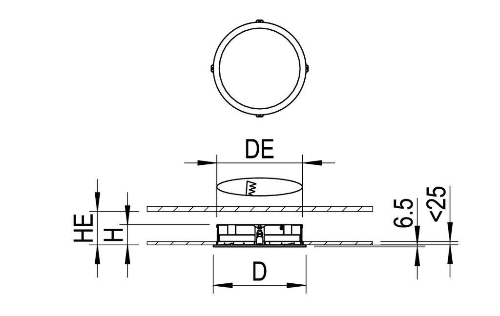 Technische tekening van een rond object met diameter-aanduidingen 'D' en 'DE'. Het toont hoogtebeperkingen en montagedetails.