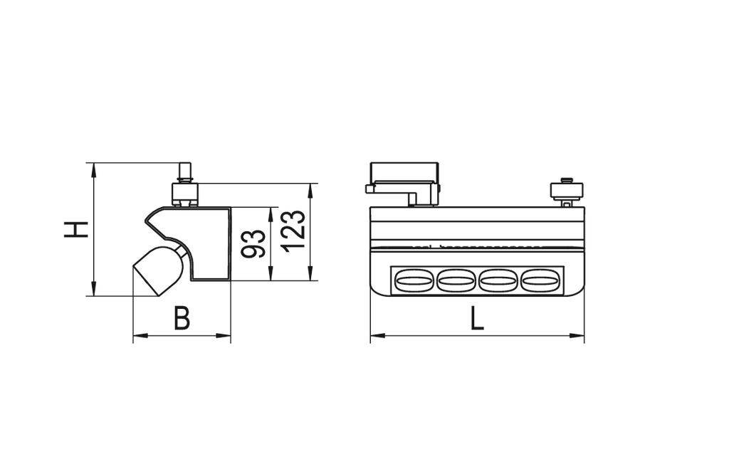 Industrieel ontwerp-schets van een rechthoekige plafondstraler met afmetingen: hoogte 123 mm, breedte B, lengte L, details voor bevestiging.
