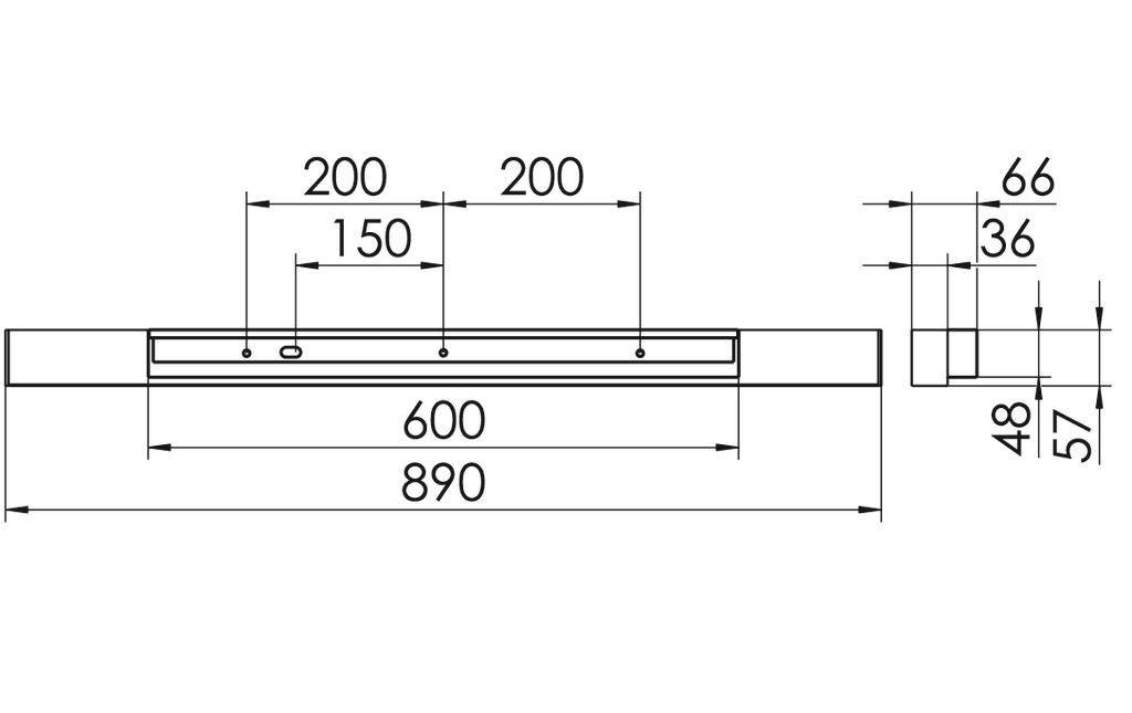 Technische tekening van een rechthoekige structuur met afmetingen: totale breedte 890 mm, secties van 200 mm, hoogte 66 mm, diepte 57 mm.