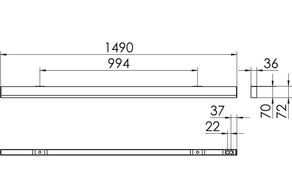 Technische tekening van een balk met afmetingen: lengte 1490 mm, breedte 36 mm, hoogte 70 mm. Aanvullende metingen: 994 mm, 72 mm, 37 mm, 22 mm.
