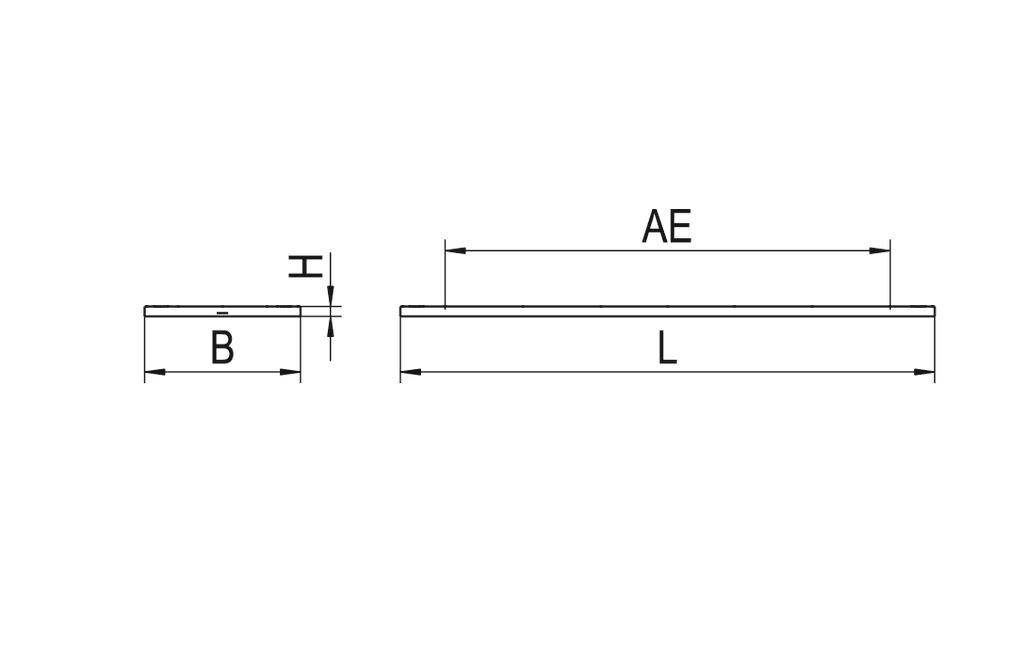 Technische tekening van een rechthoekig object met de afmetingen breedte (B), lengte (L), hoogte (H) en afstand (AE) aangeduid.