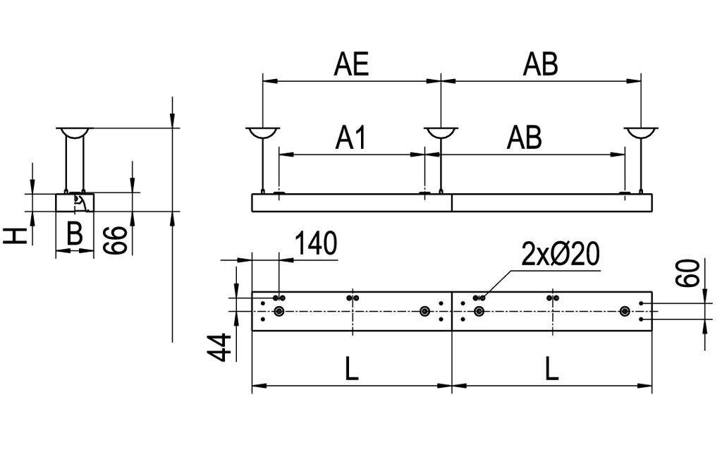 Technische tekening van een onderdeel met afmetingen in millimeters. Hoofdaanzicht toont lengtes AB, A1 en AE. Zijaanzicht toont hoogte H en breedte B. Gatdiameter Ø20.