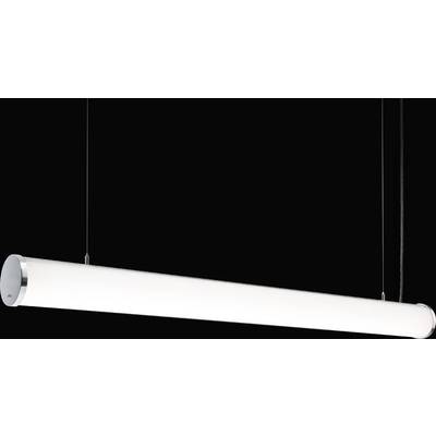 Een slanke, cilindrische LED-hanglamp in modern design tegen een zwarte achtergrond. Hij is horizontaal gepositioneerd.