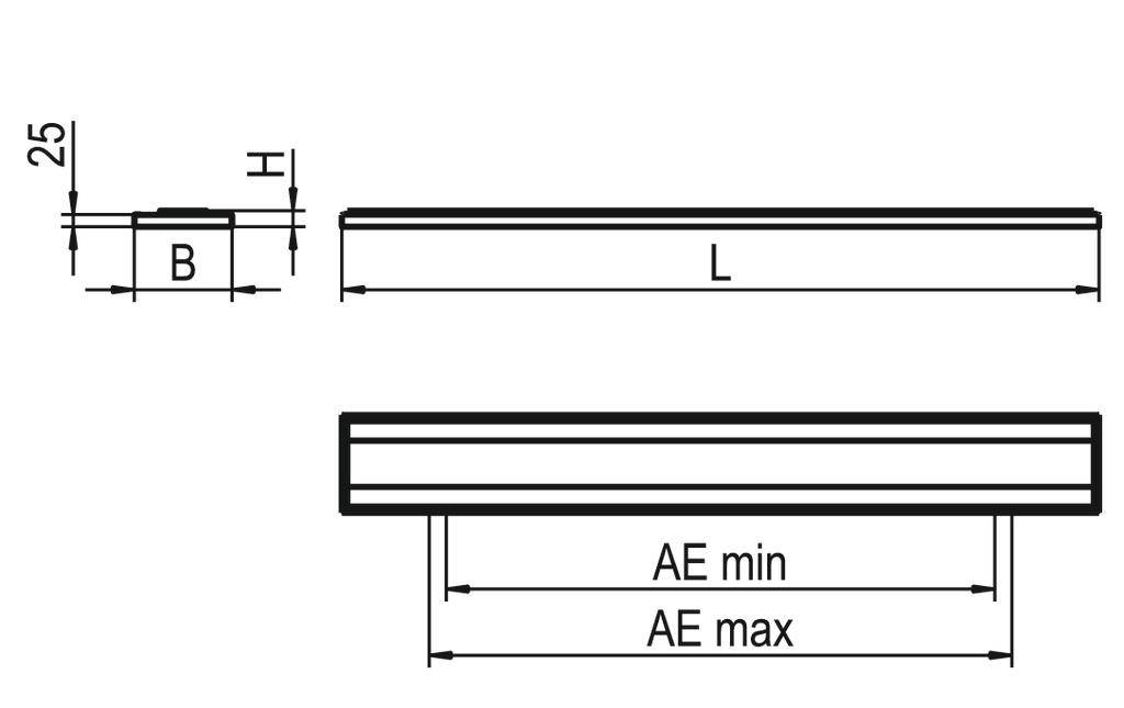 'Schematic representation of length measurements: Top longitudinal view with B and H marked, side view showing L, bottom showing AE min and AE max.'