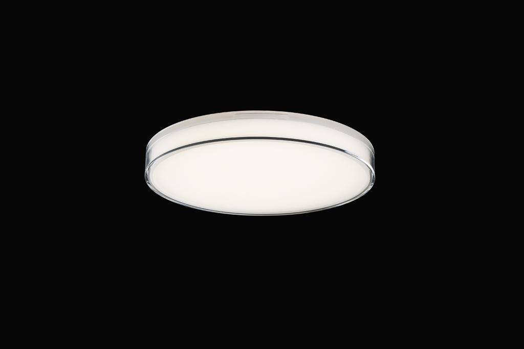 Een ronde, moderne plafondlamp met een witte lampenkap tegen een zwarte achtergrond.