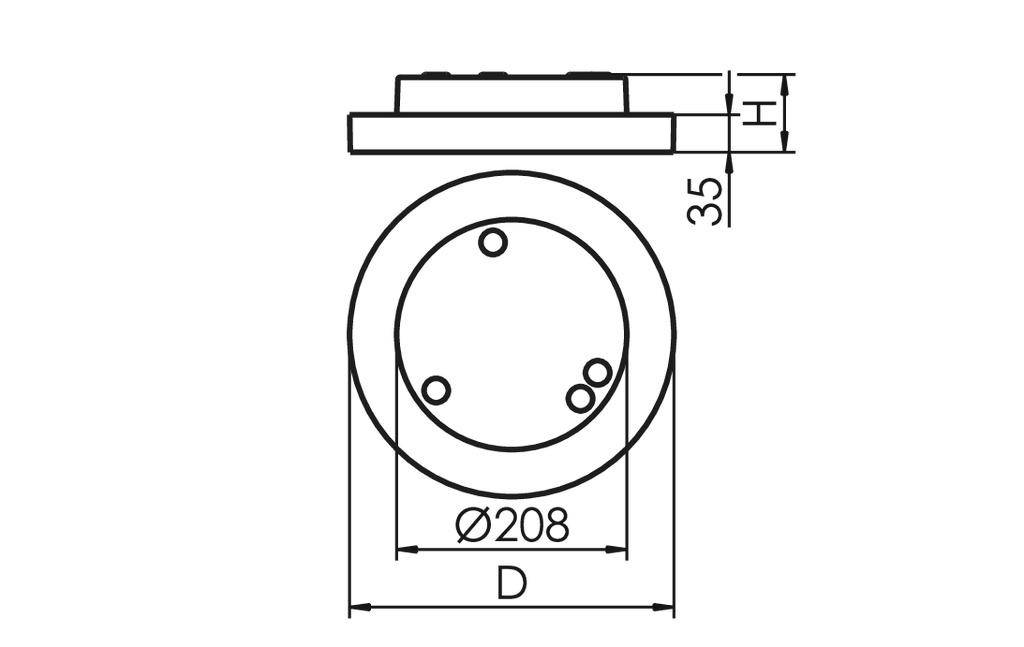 Technische tekening van een cirkelvormig object met een diameter van 208 mm en een hoogte van 35 mm.