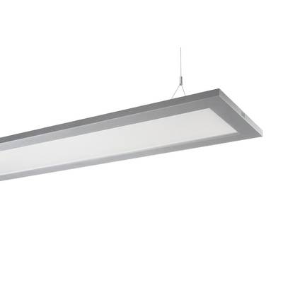Hangende plafondlamp met rechthoekig, zilverkleurig frame, zwevend gemonteerd.