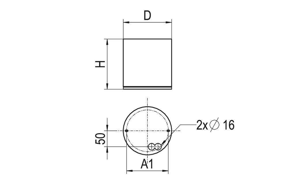Technische tekening van een cilinder met de afmetingen D en H. Vooraanzicht toont twee boringen met een diameter van 16 mm op een hoogte van 50 mm.