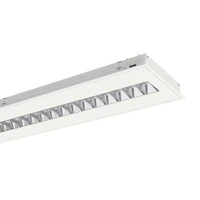 Witte plafondlamp in rechthoekige vorm met meerdere reflecterende elementen. Geschikt voor lichtinstallatie in binnenruimtes.