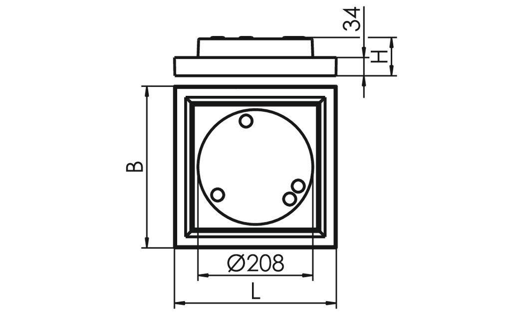 Technische tekening van een vierkant onderdeel met een cirkel in het midden, diameter van de cirkel bedraagt 208 mm. Afmetingen L en B variabel.