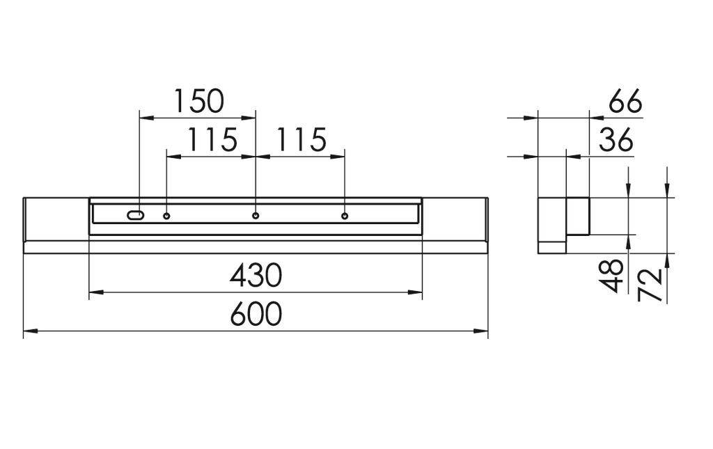 Technische tekening van een rechthoekige plaat met afmetingen. Breedte: 600 mm, hoogte: 72 mm. Gaten zijn op 115 mm afstand van elkaar geplaatst.