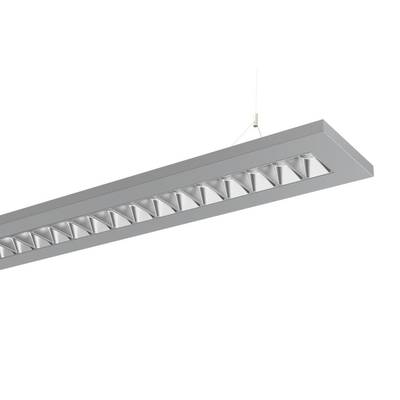 Grijze, rechthoekige plafondlamp met moderne reflecterende panelen die aan staalkabels hangt.