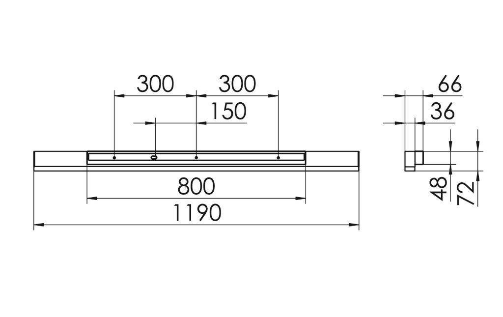 Technische tekening van een rechthoekige metalen plaat met gespiegelde weergave. Afmetingen: lengte 1190 mm, breedte 66 mm, hoogte 72 mm.