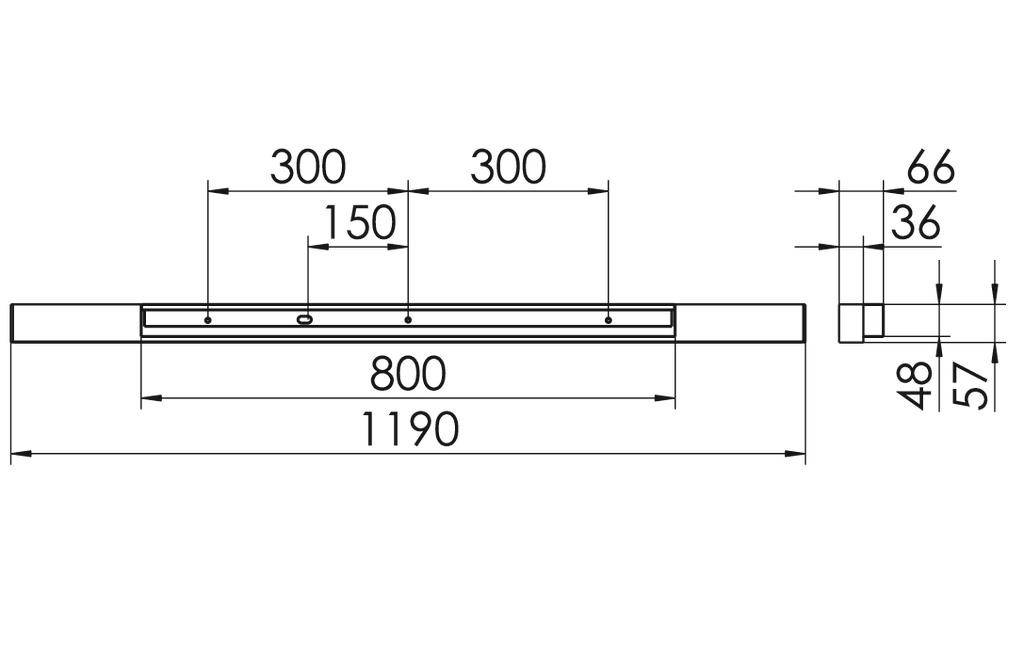 Technische tekening van een rechthoekige structuur met een totale breedte van 1190 mm, hoogte 66 mm, en gedetailleerde afmetingen per sectie.