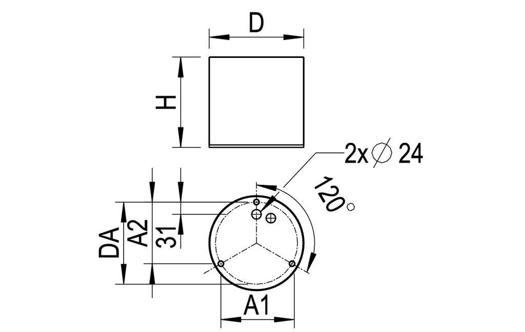 Technische tekening van een ronde flensplaat met twee gaten, hart-op-hart afstand 120 graden; afmetingen: diameter 24 mm, hoogte H, breedte D.