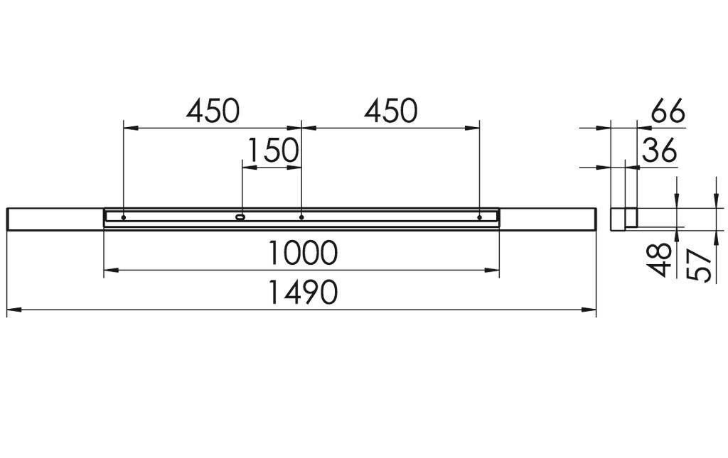 Technische tekening: Zijaanzicht van een rechthoekig object met afmetingen. Totale lengte 1490 mm, breedte 1000 mm, hoogte 48 mm/57 mm. Legenda toont afstanden en maten.