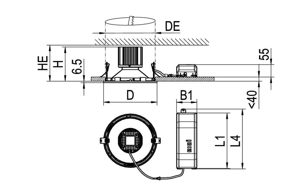 'Diagram van een inbouwarmatuur: toont afmetingen D, DE, H, HE, L1, L4 en B1. Kabelaansluiting naar component aangegeven. Max. inbouwdiepte 55 mm.'