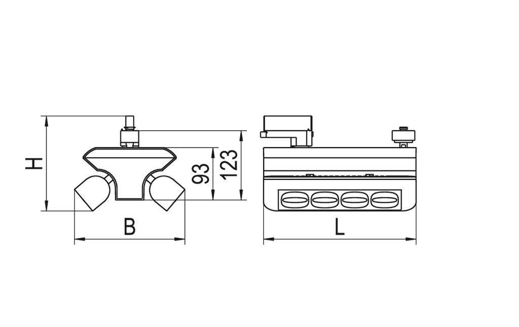 'Technische tekening van een lampenkop met afmetingen: hoogte (H), breedte (B), lengte (L) en specifieke maten 93 en 123.'