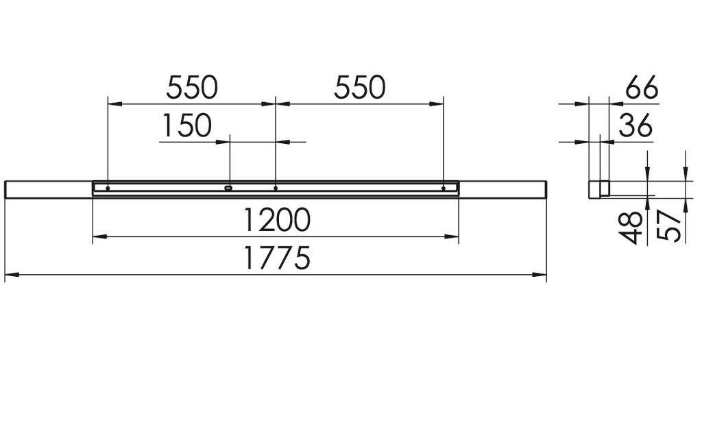 Technische tekening van een rechthoekig object met afmetingen: lengte 1775 mm, breedte 66 mm. Verschillende secties gedetailleerd opgemeten.