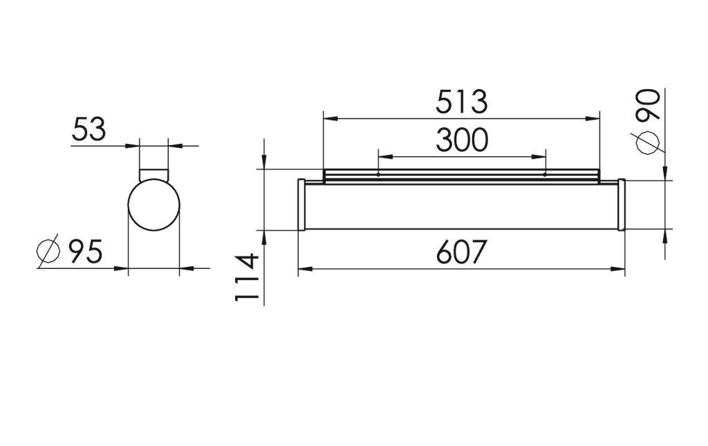 Technische tekening van een cilinder met afmetingen: totale lengte 607, diameter 53, lengte van de hoofdcomponent 513, andere afmetingen gemarkeerd.
