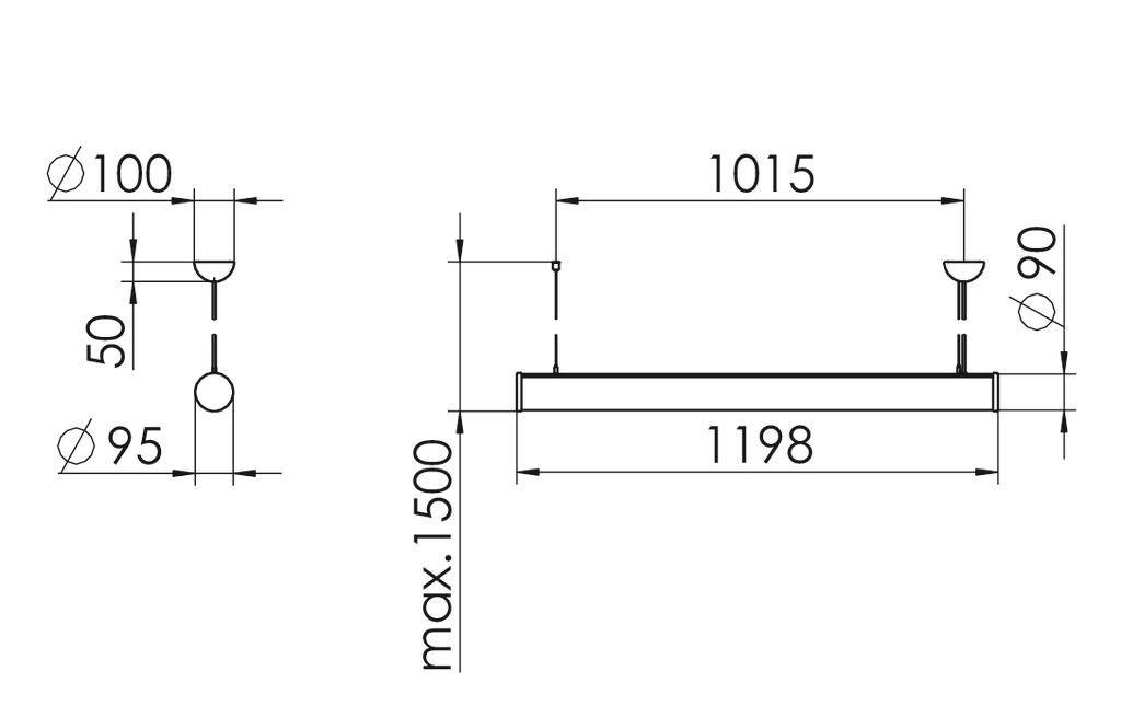 Technische tekening van een armatuur met afmetingen: breedte 1198 mm, maximale hoogte 1500 mm, diameter van de plafondverdelingen 100 mm en 95 mm.