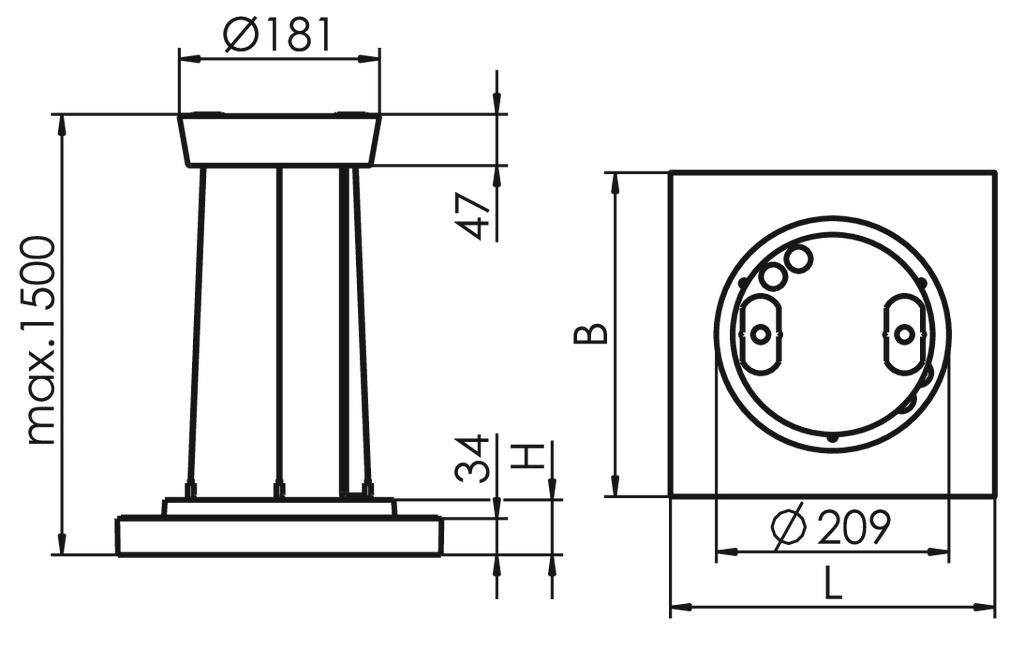 Technische tekening van een ronde standaard met hoogte- en breedtespecificaties: Ø181 mm, maximale hoogte 1500 mm. Bovenaanzicht met Ø209 mm basis.