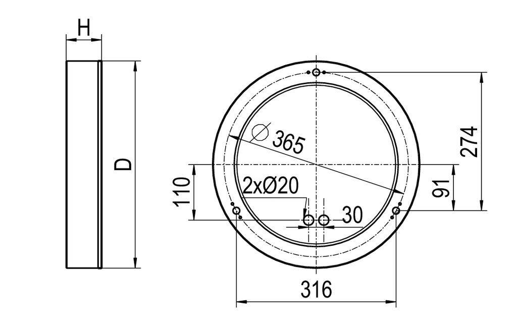 Technische tekening van een rond object met diameter 316 mm, twee gaten van elk 20 mm. Hoogte aan de zijkant 110 mm, andere afmetingen gemarkeerd.