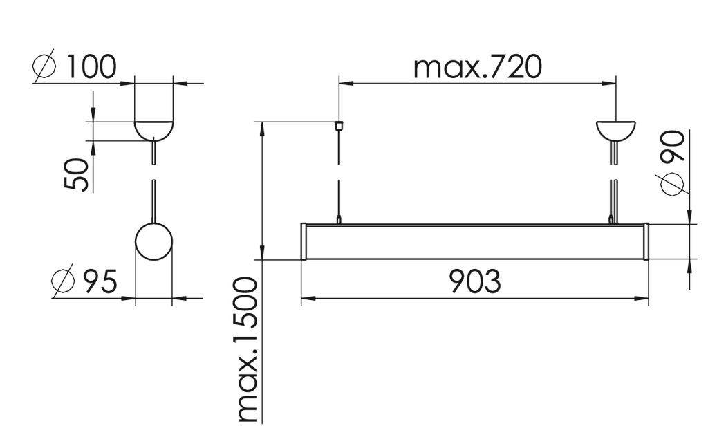Technische tekening van een hanglamp, maximale hoogte 1500 mm, lengte 903 mm, diameter van de plafondbevestiging 100 mm, diameter van de lampenkap 95 mm.
