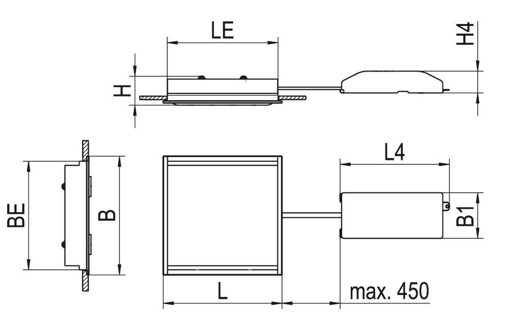 Technische tekening van een rechthoekig onderdeel met afmetingen: breedte (B), lengte (L), hoogte (H), hoogte (H4), lengte (LE, L4) en breedte (BE, B1). Kabelverbinding.