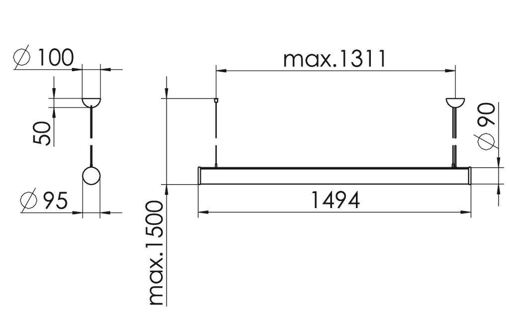 Technische tekening van een plafondlamp. Afmetingen: hoogte max. 1500 mm, lengte 1494 mm, breedte max. 1311 mm. Lampenkap-diameter 100 mm.