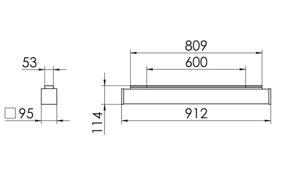 Technische tekening van een rechthoekig object met de afmetingen: breedte 912 mm, diepte 53 mm, hoogte 114 mm. Verdere details: lengte 809 mm en 600 mm.