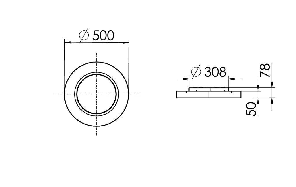 Technische tekening van een rond object. Vooraanzicht toont een cirkel met een diameter van 500. Zijaanzicht: hoogte 78, breedte 50, binnendiameter 308.