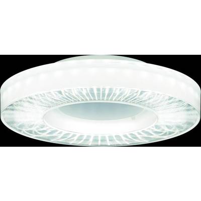 Plafondlamp met een rond, modern design en transparente accenten die gelijkmatig helder licht uitstraalt.