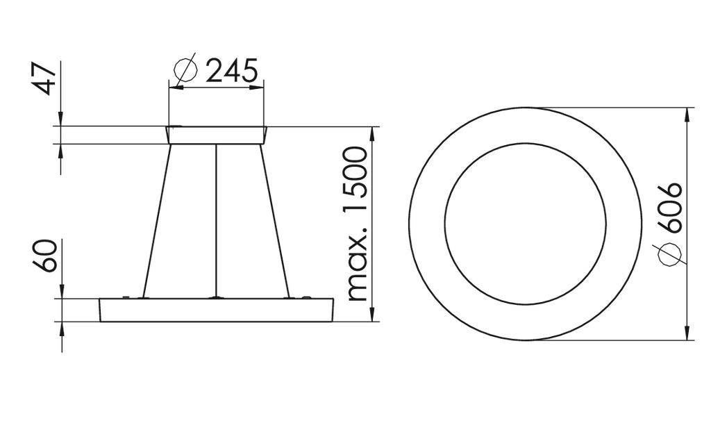 Technische tekening van een cilindervormig object met afmetingen: maximaal 1500 hoogte, 606 diameter, basis 245 diameter. Zij- en bovenaanzicht.