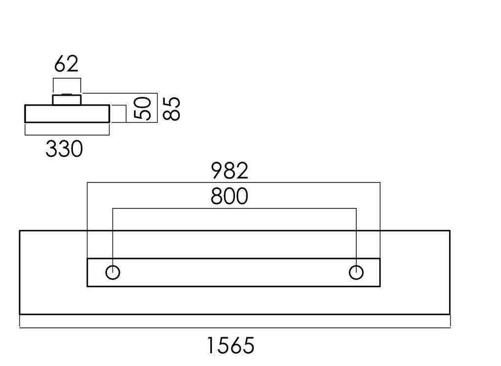 Technische tekening van een rechthoekig onderdeel met afmetingen: lengte 1565, breedte 85, hoogte 50-62. Twee boringen op een onderlinge afstand van 800.