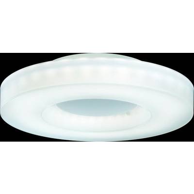 Een ronde, moderne plafondlamp met een witte, diffuse lichtuitstraling. Ideaal voor woonruimtes of kantoren.