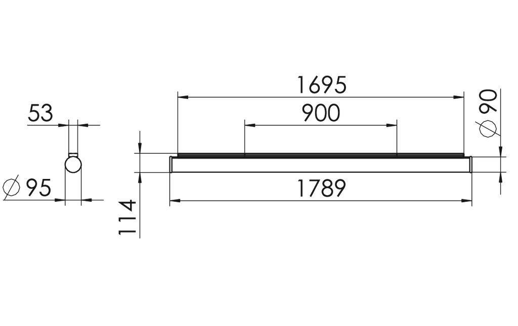 Technische tekening van een rechthoekig object met afmetingen: lengte 1789 mm, breedte 900 mm, hoogte 114 mm. Zijaanzicht toont verdieping.
