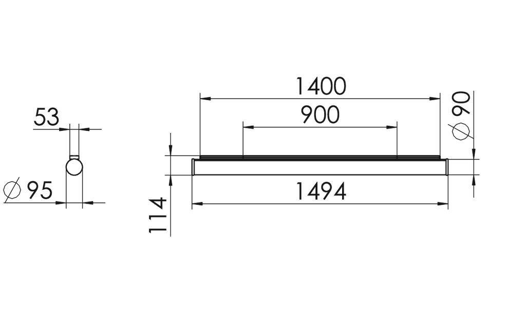 Technische tekening van een rechthoekige plaat: Breedte 1494 mm, Hoogte 114 mm. Binnenvlak: Breedte 1400 mm, Hoogte 90 mm. Cirkels met diameter 53 mm en 95 mm.