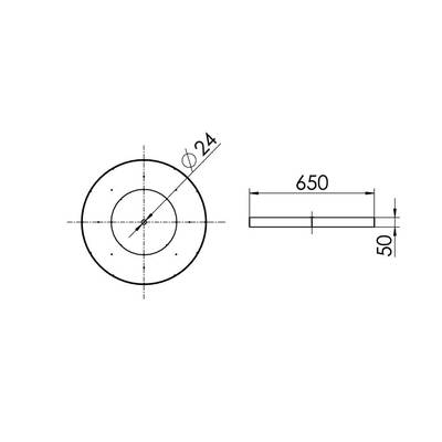 Technische tekening van een ring met een buitendiameter van 650 mm en een binnendiameter van 24 mm, hoogte 50 mm.