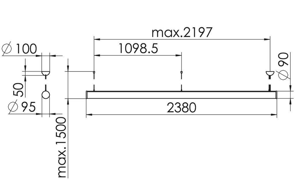 Zijaanzicht van een rechthoekig object met afmetingen. Lengte: 2380 mm; Hoogte: 90 mm; Breedte: 1098,5 mm. Aanvullende maten in millimeters weergegeven.